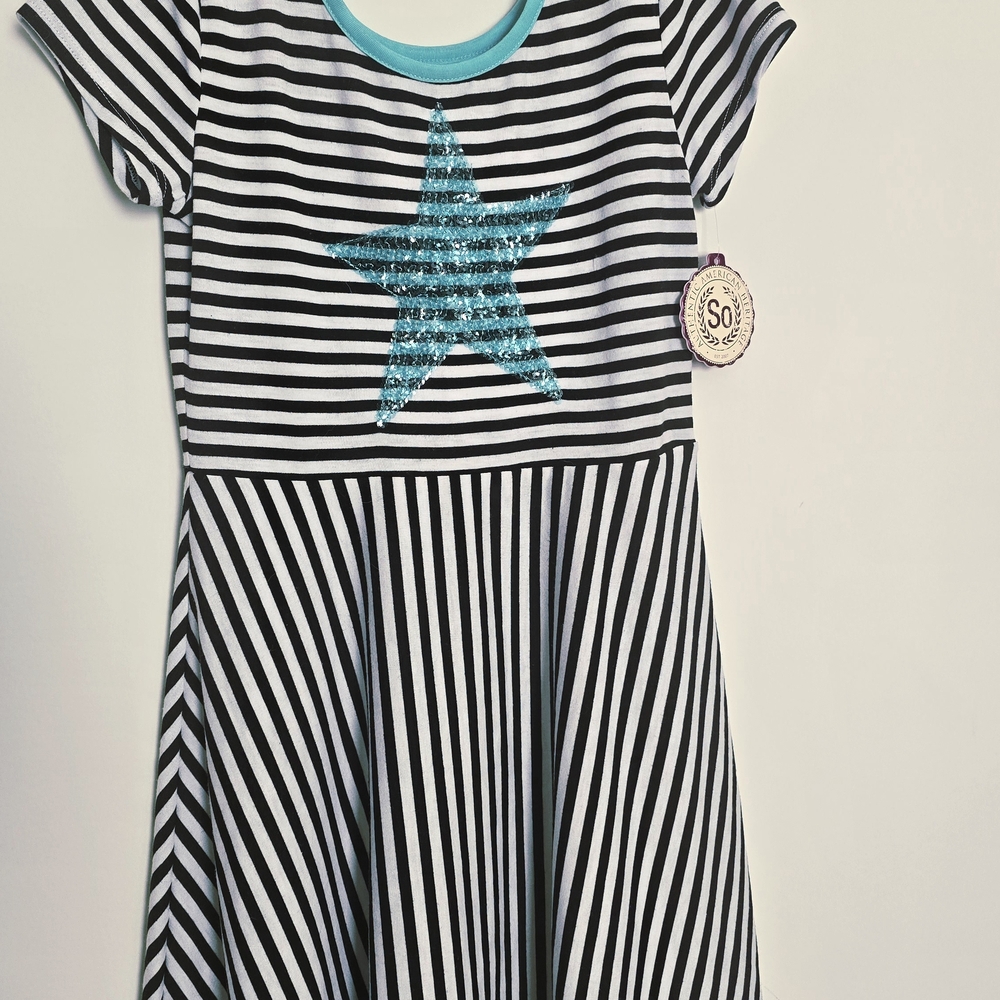 SO Black and White Striped Dress with Blue Star